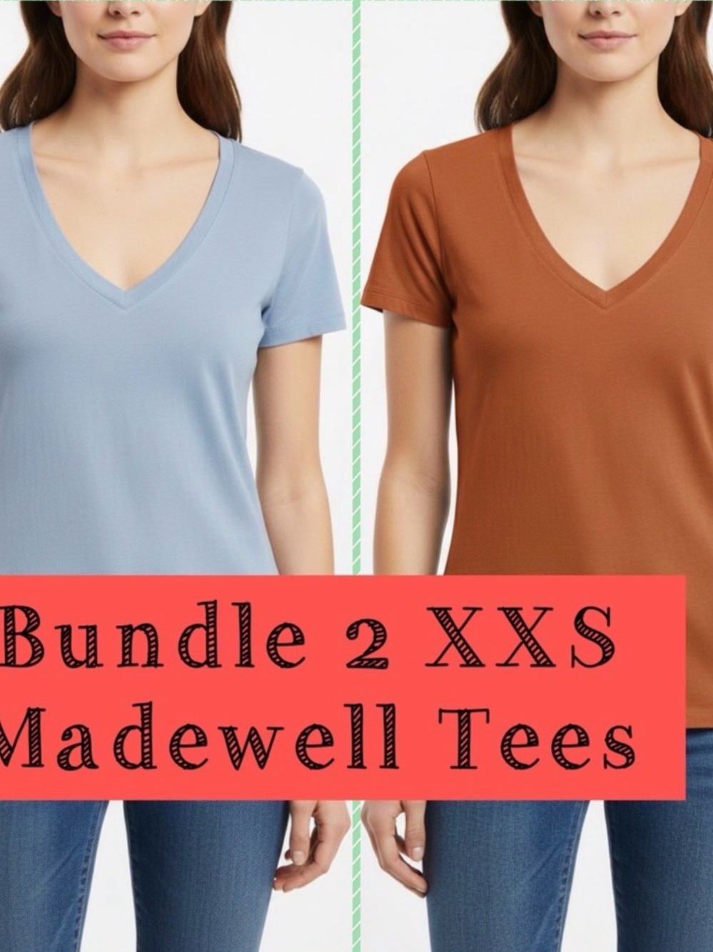 Madewell Women's V-Neck Tee Bundle in Light Blue and Rust - XXS 17.5” Ptp NWOT